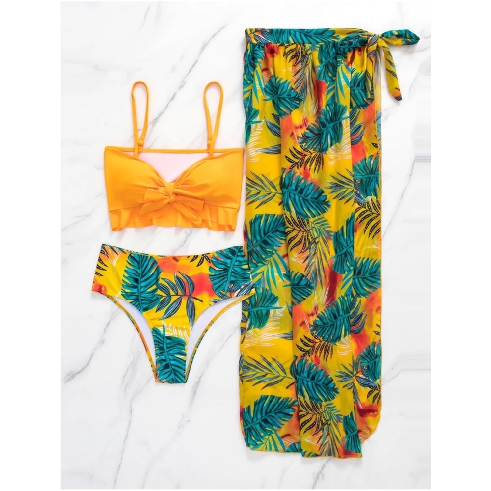 Boho Tropical Floral Print High Waist Bikini Cover up set - Picture 7 of 12